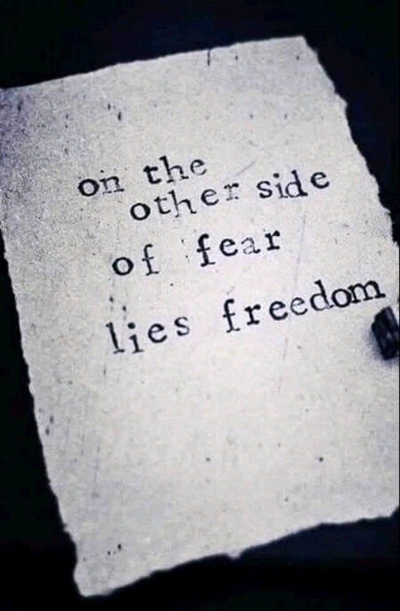 May be an image of text that says 'on othe side of fear lies freedom'