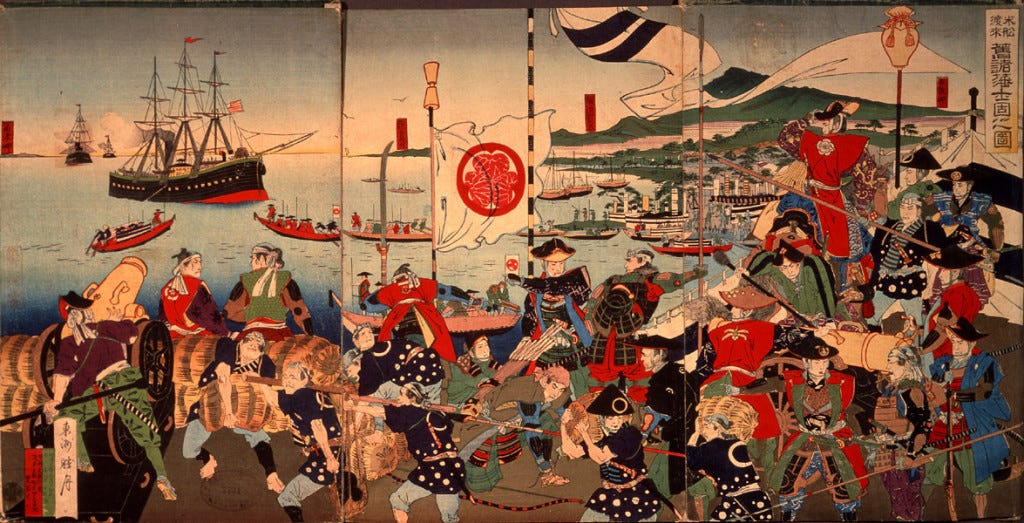 An 1889 Japanese woodblock print of samurai and Commodore Perrys black ships.