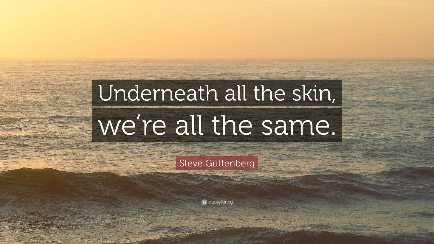 A sunrise over sea waves with "underneath all the skin, we're all the same" by Steve Guttenberg