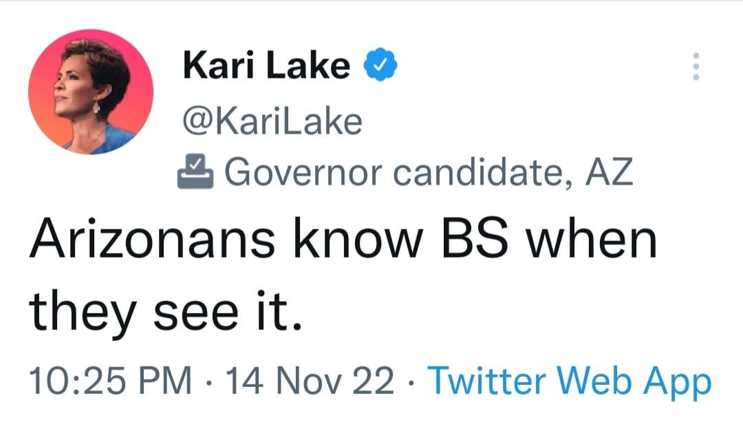 May be a Twitter screenshot of 1 person and text that says 'Kari Lake @KariLake Governor candidate, AZ Arizonans know BS when they see it. 10:25 PM 14 Nov 22 Twitter Web App'