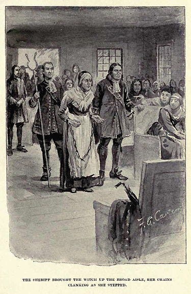 Salem witch trials: accused witch Rebecca Nurse is held in chains before the court