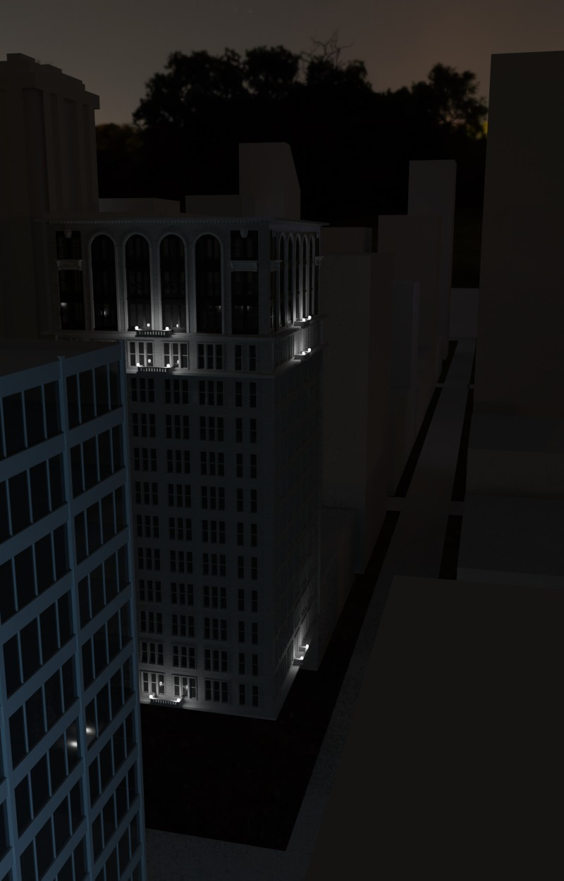 Quite dark picture of a work-in-progress called "Rooftoppers". There are computer-generated buildings with sparse lighting.