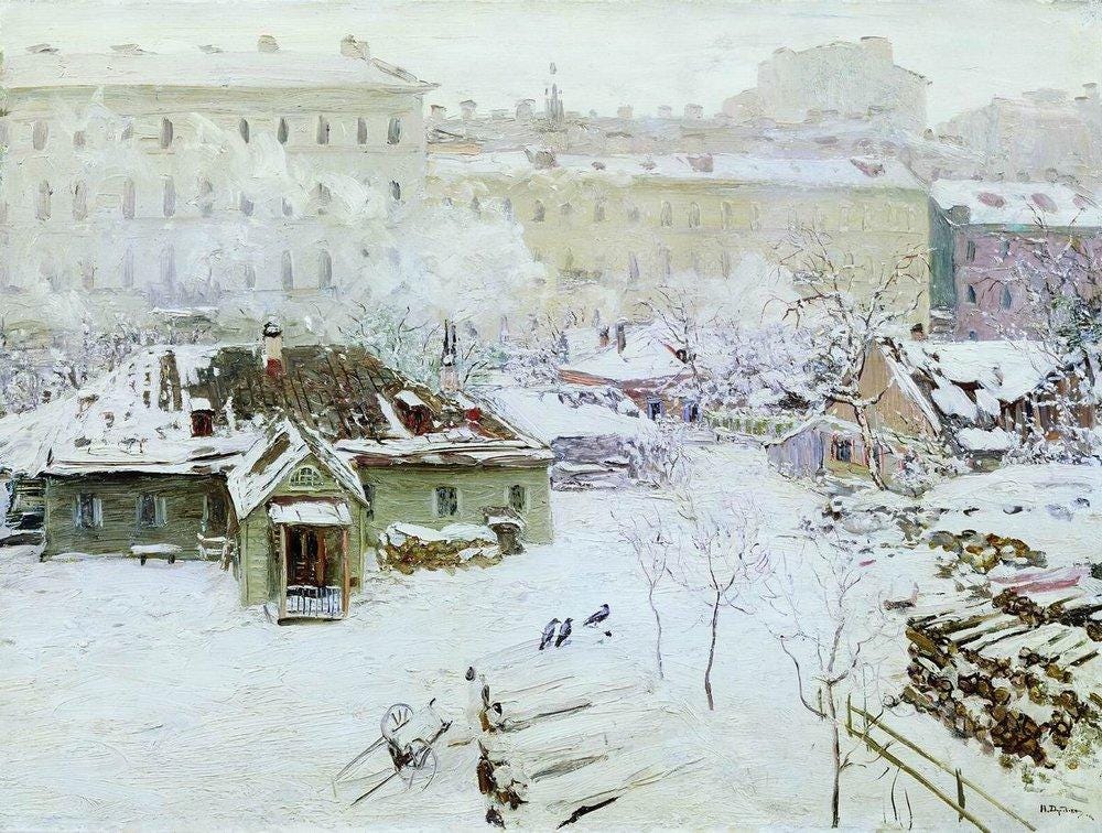 Pintura de Nikolay Dubovskoy representando uma paisagem urbana coberta de neve por volta de 1900. À frente se vê uma casa verde, atrás prédios mais altos aparecem em menos detalhes.