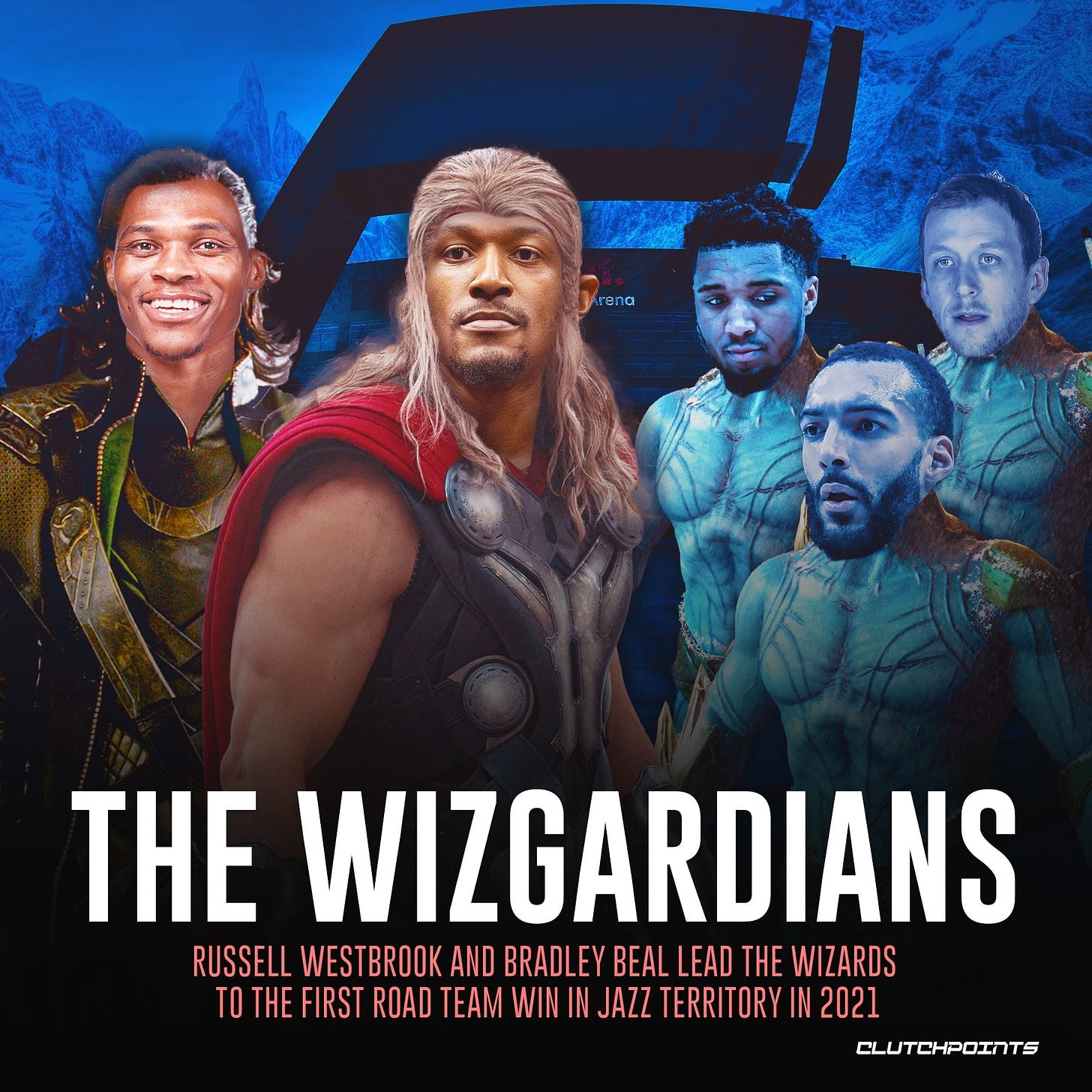 May be an image of 5 people and text that says 'Arena na THE WIZGARDIANS RUSSELL WESTBROOK AND BRADLEY BEAL LEAD THE WIZARDS TIRS ROAD TEAM WIN IN JAZZ TERRITORY IN 2021 CLUTCHPOINTS'
