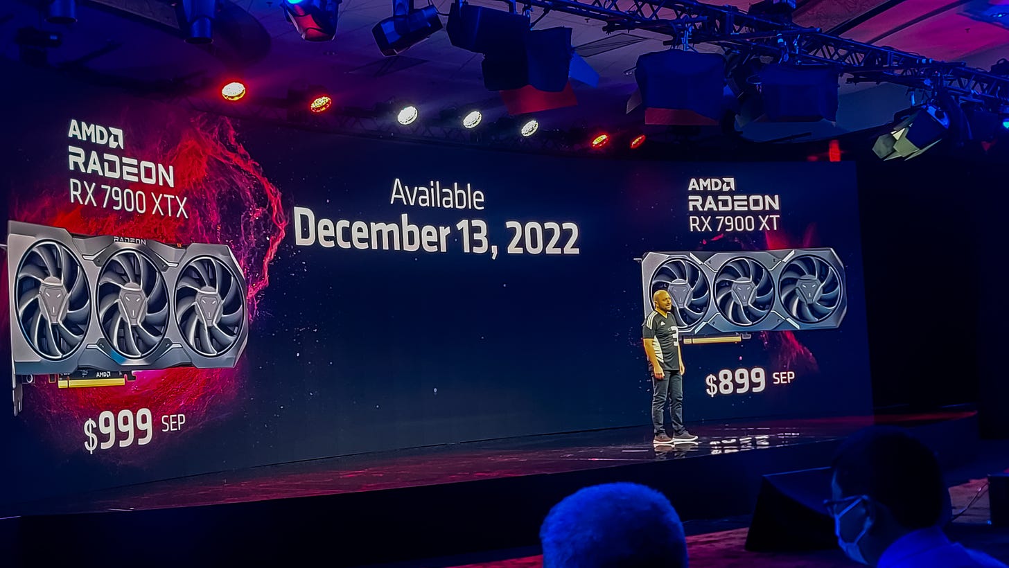 Radeon RX 7900 XTX and Radeon RX 7900 XT being presented on stage with a release date of December 13, 2022. The 7900 XTX will be $999 SEP and the RX 7900 XT will be $899 SEP.