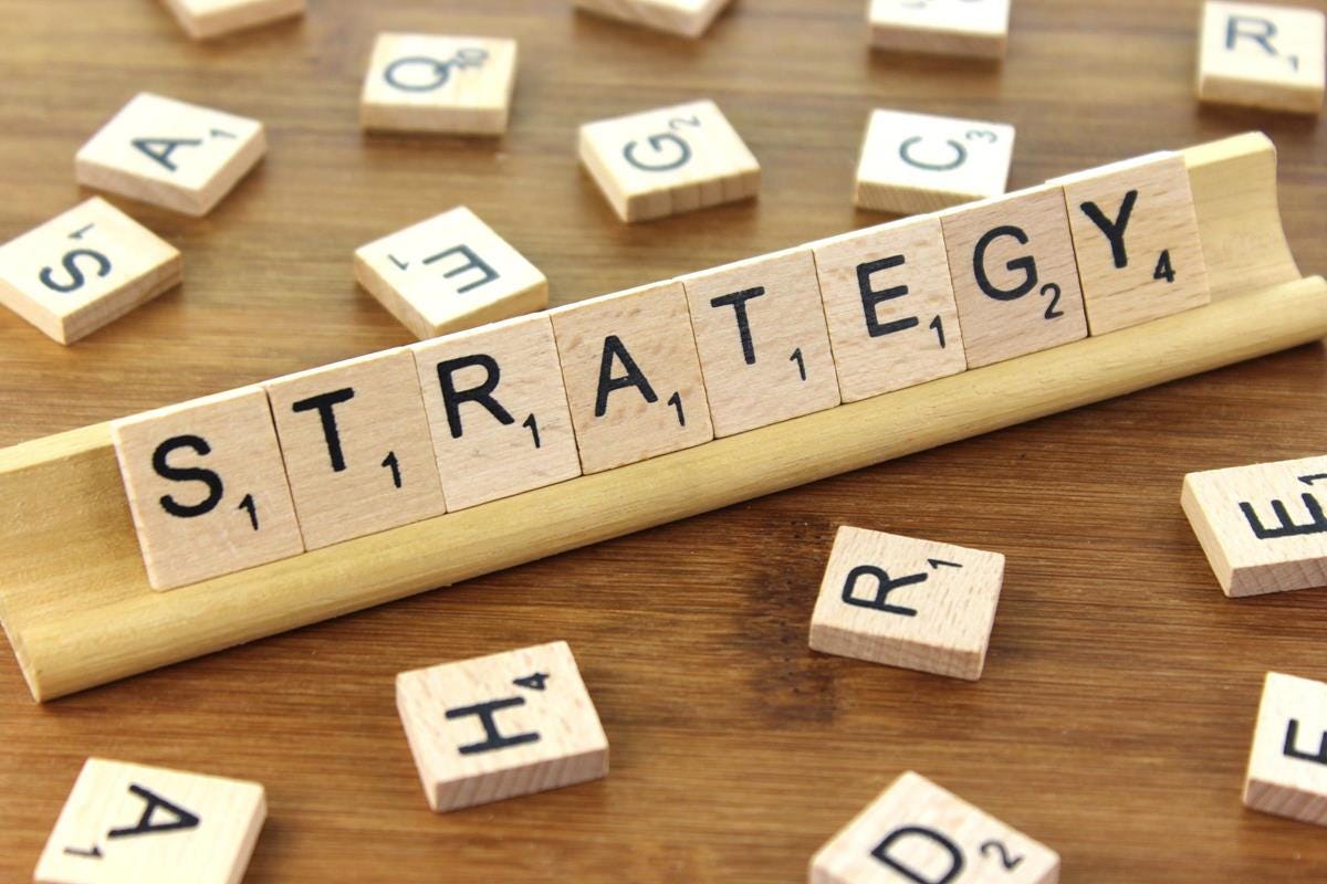 Strategy spelled out with wooden scrabble tiles