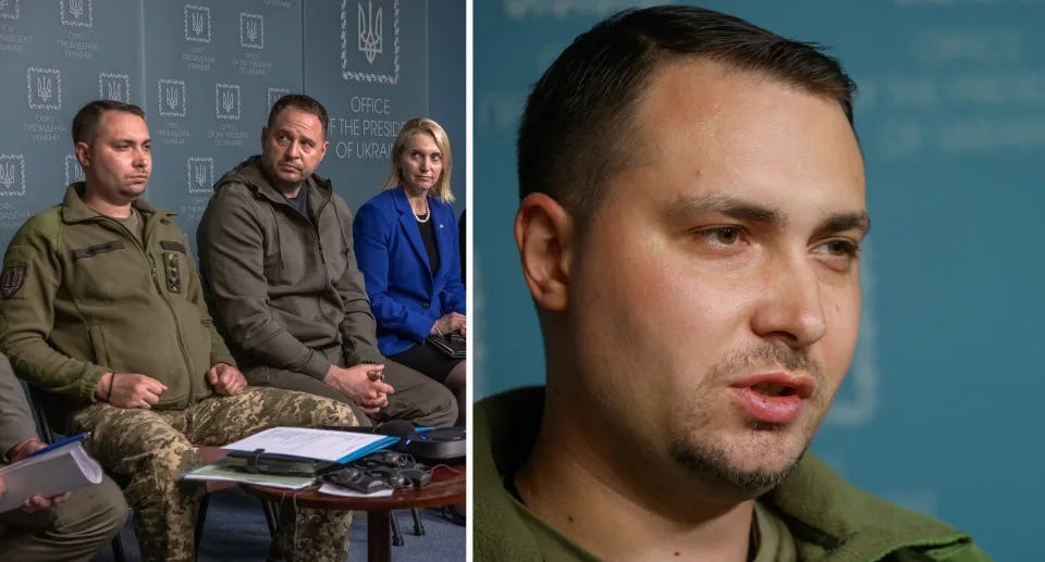 The head of Ukraine&#x002019;s military intelligence, Major General Kyrylo Budanov with two others (left) and by himself (right).