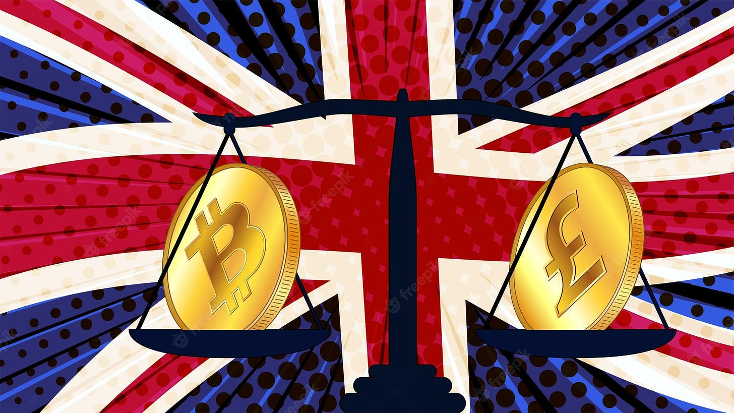 Premium Vector | Gold coin of bitcoin btc and british pound gbp on scales  and colored flag of great britain on background central bank of england  adopts laws on digital assets cbdc