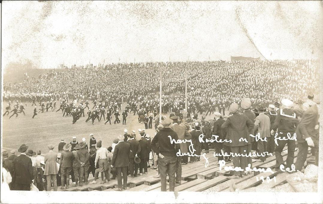 Postcard - Navy Rooters on the field during intermission, Pasadena, Cal., 1921