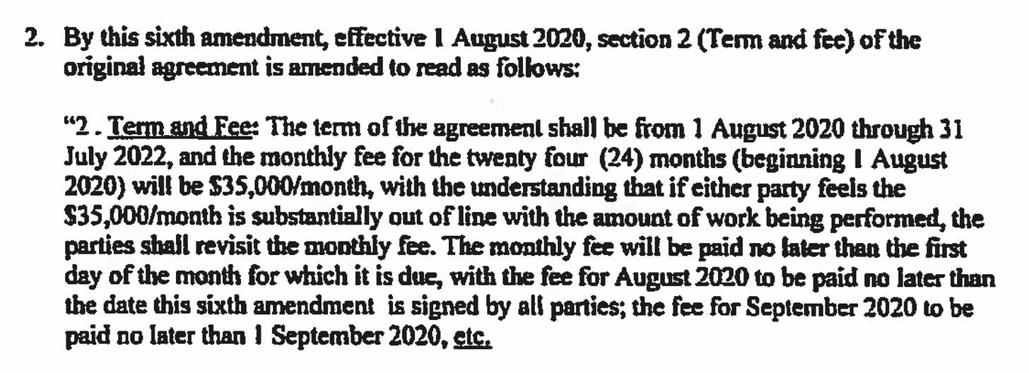 A screenshot from the registration agreement, showing that the monthly fee is $35,000.