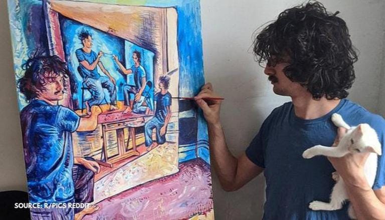 Artist makes self portrait as he paints himself for the fourth time,  netizens cheer him on | What's Viral