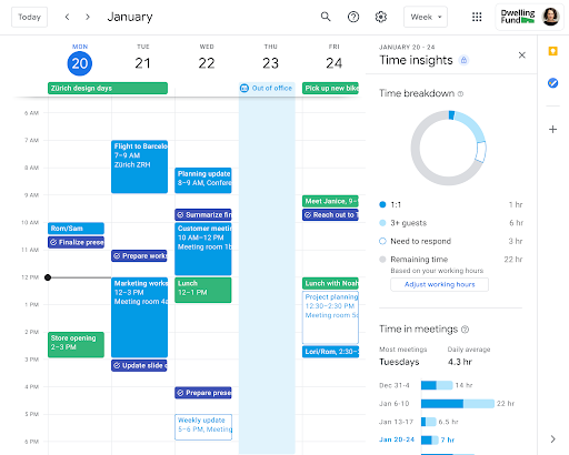 Time Insights in Google Calendar appearing on the right side of a week view
