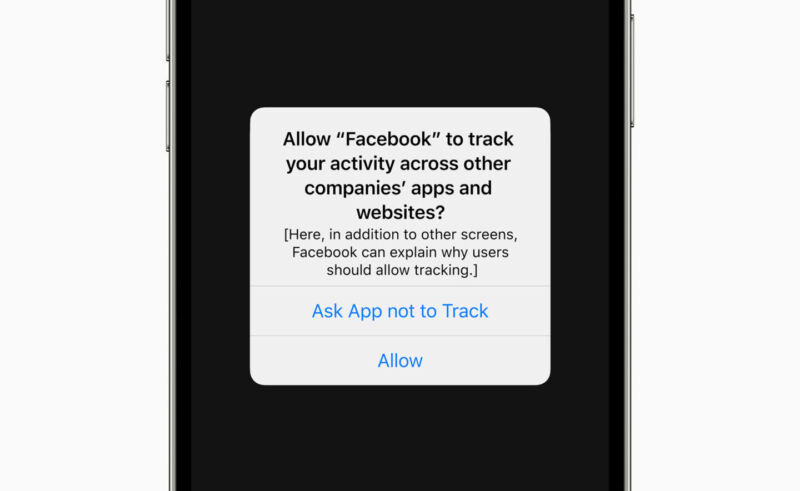 The Facebook iPhone app asks for permission to track the user in this early mock-up of the prompt made by Apple.
