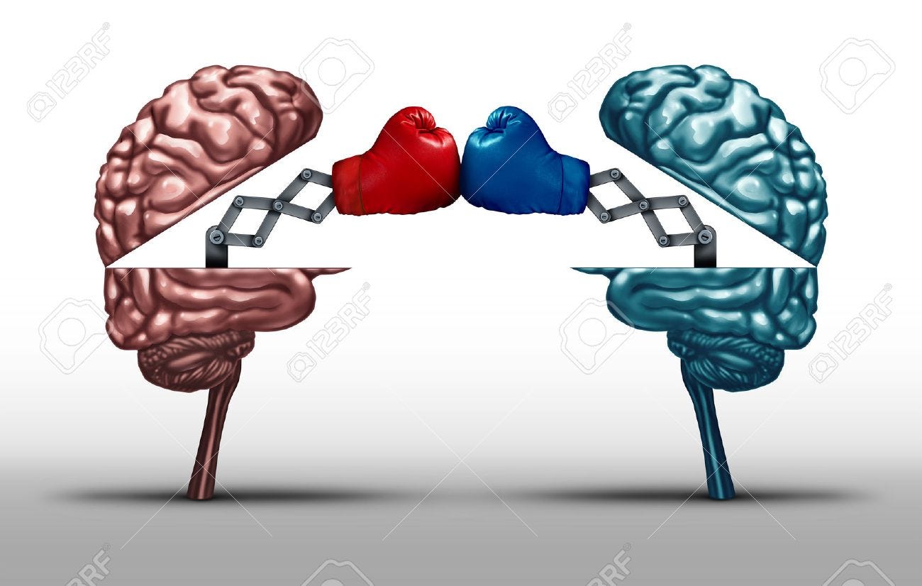 Battle Of The Brains And War Of Wit Concept As Two Opposing Open Human Brain  Symbols