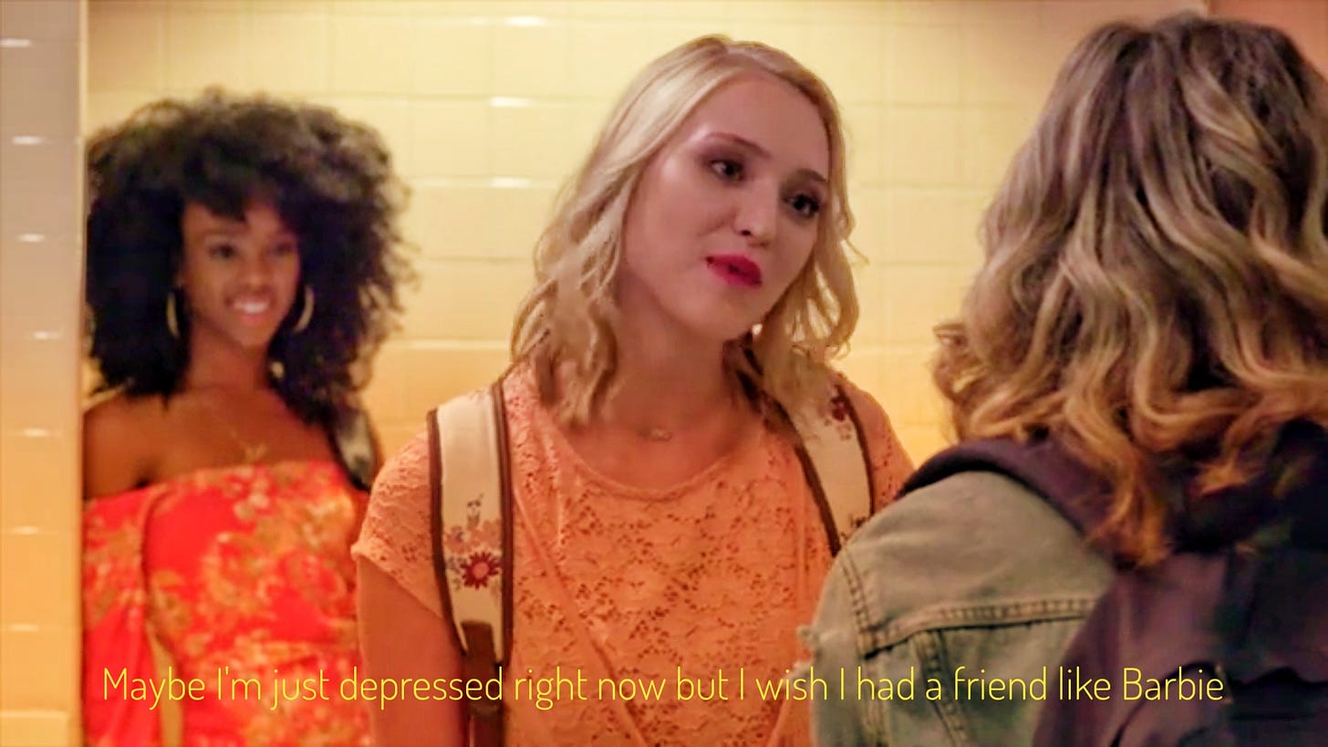 Tina, a blonde girl in a pink dress, threatening Kilee while her friend Barbie, a Black girl with natural hair, smiles winningly in the background, captioned "Maybe I'm just depressed right now but I wish I had a friend like Barbie"