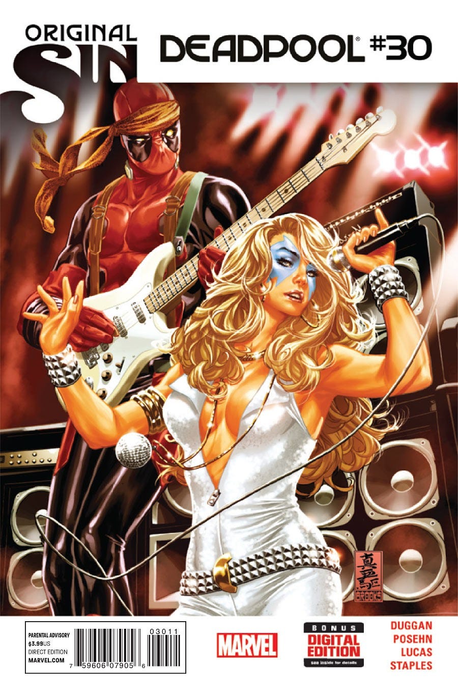 Dazzler and Deadpool on the cover of Deadpool #30 (Original Sin tie-in 2014)