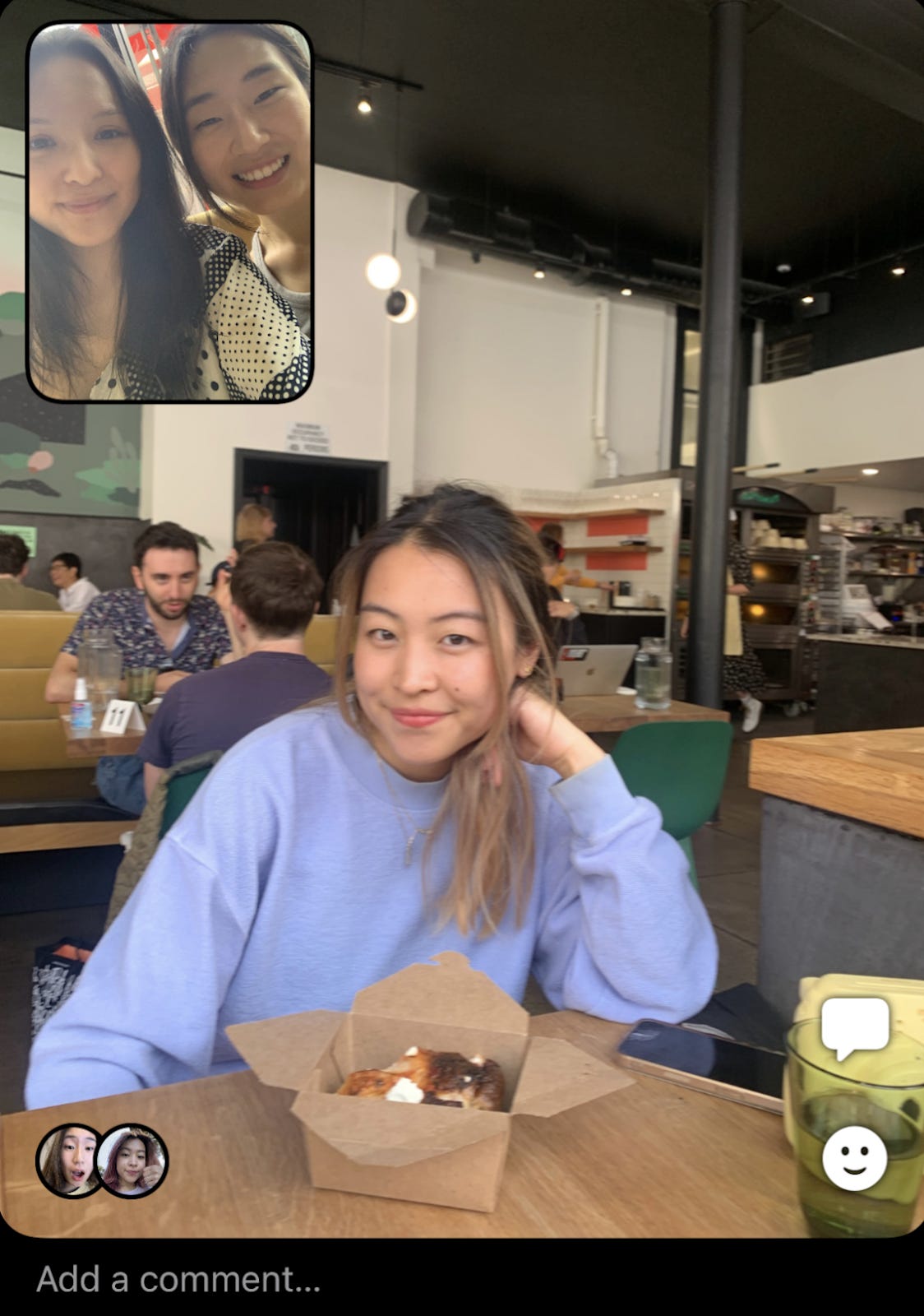 A BeReal screenshot of Jessica Dai, with Reboot team members Emily Liu and Jasmine Sun in the smaller camera view