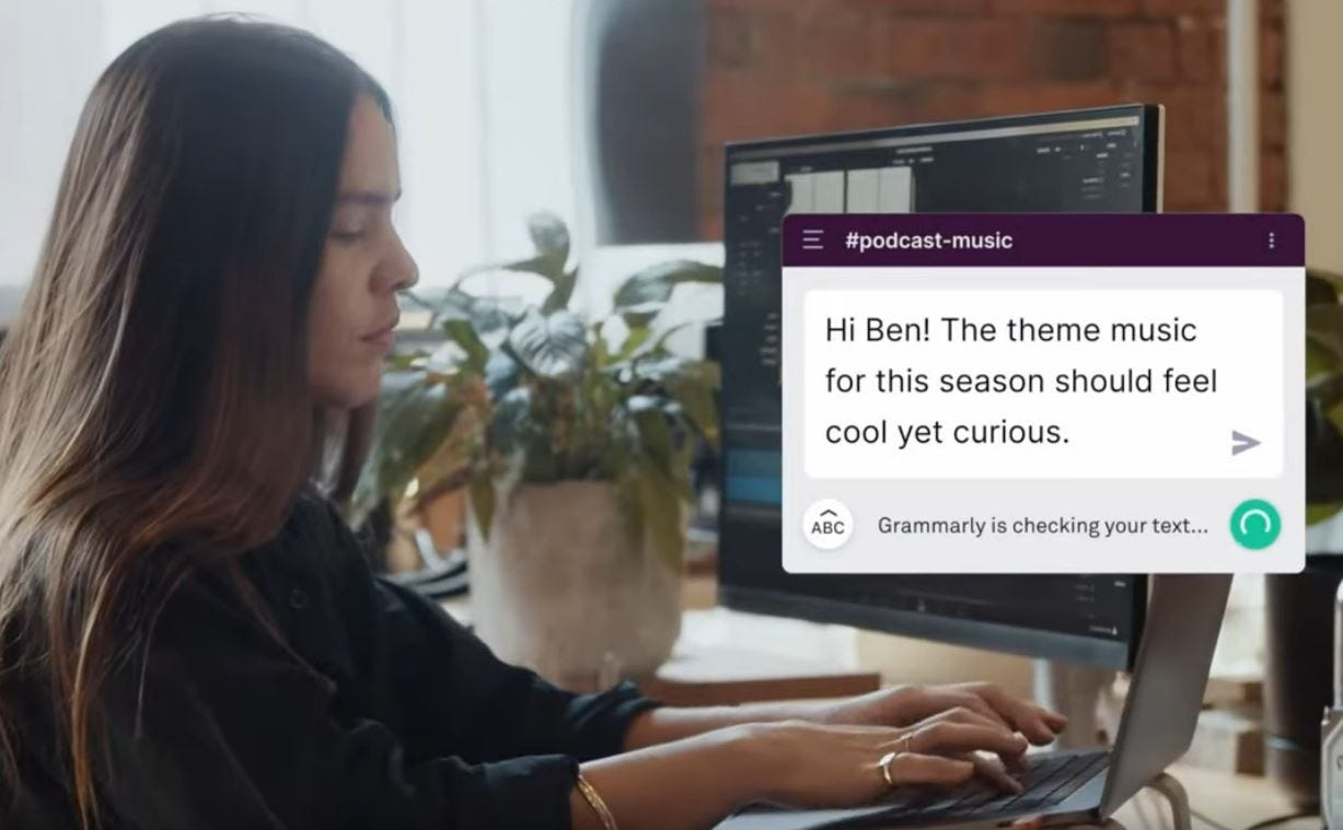 A VERY SERIOUS LOOKING WOMAN writes “Hi Ben! The theme music for this season should feel cool yet curious.” She seems to be working on video editing. On a mac, of course.