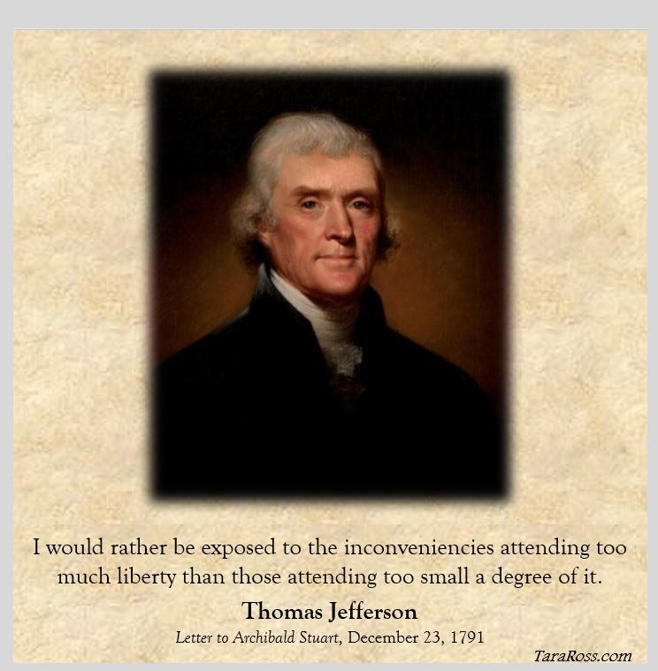 Headshot of Jefferson with his quote: "I would rather be exposed to the inconveniencies attending too much liberty than those attending too small a degree of it. " --   Letter to Archibald Stuart, December 23, 1791