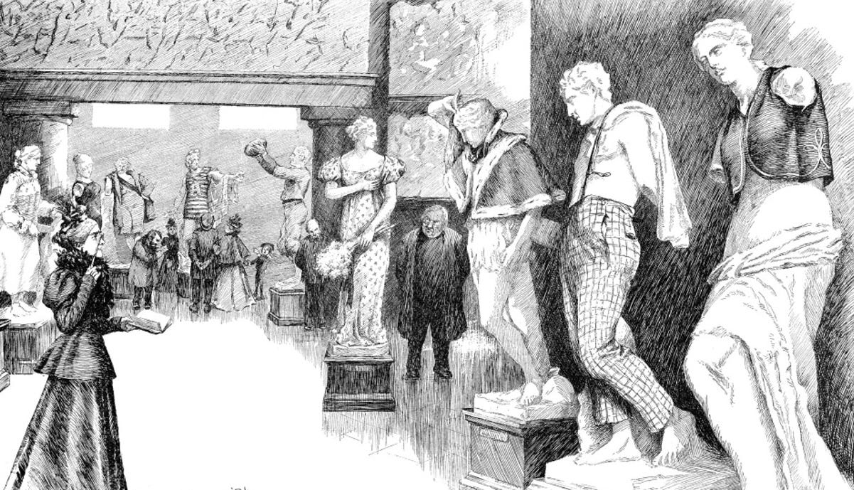 A political cartoon from the early 1900s picturing a woman in a museum looking at classical statues all of which have been adorned with clothing. 