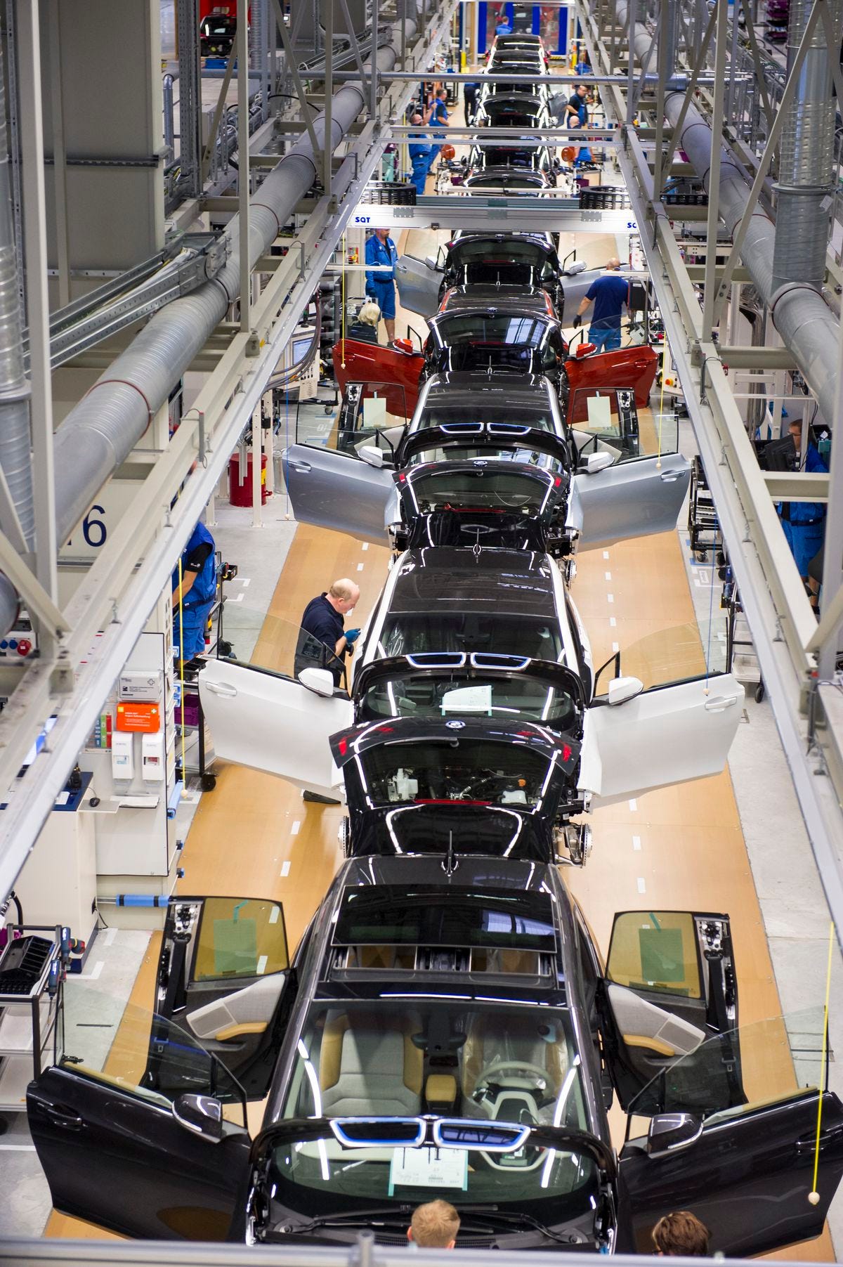 BMW i3 cars getting assembled in Leipzig. Germany is held up as a model for the way it has preserved a strong manufacturing culture, yet manufacturing is shrinking there, too.