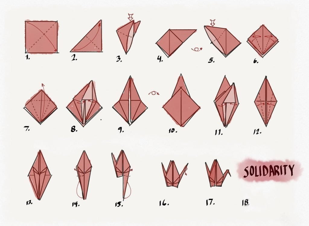 Step by step visual instructions on how to fold a paper crane. The last step says SOLIDARITY in all caps. 