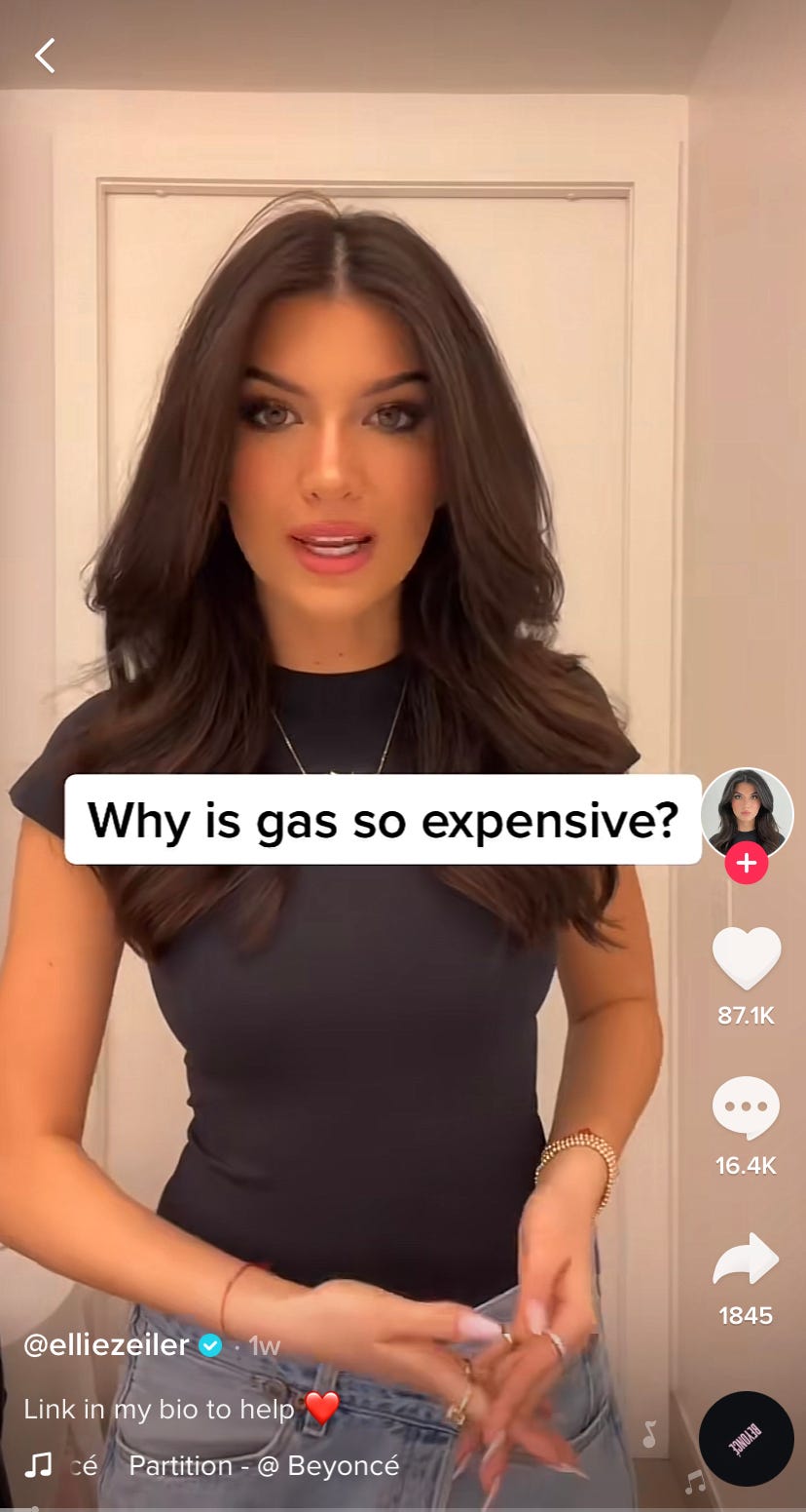 Screenshot of TikToker Ellie Zeiler's video talking about why gas prices are rising in the U.S.