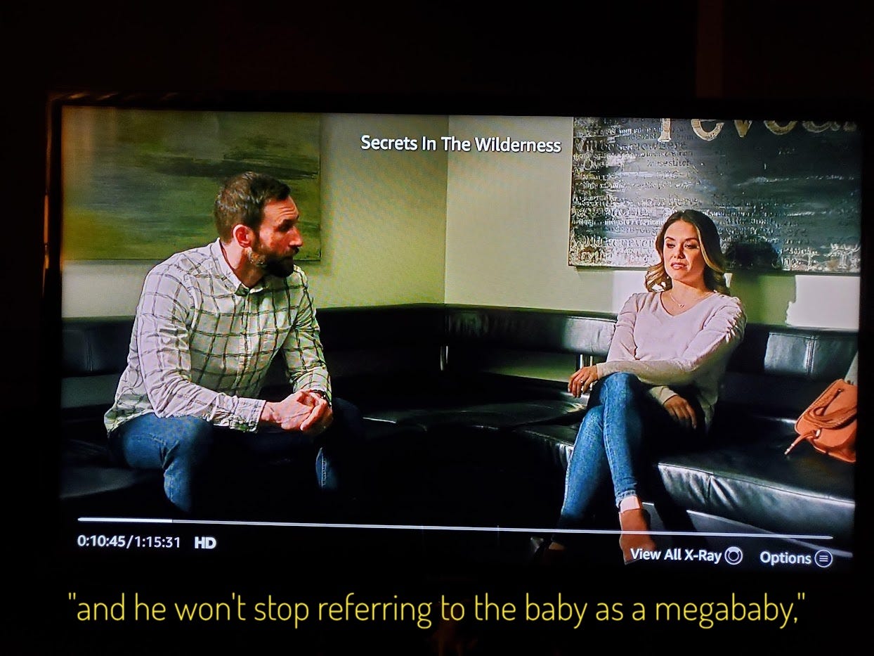 Tyler, a bearded white man in a flannel, and Lisa, a blonde white woman in a sweater, on a weird uncomfortable couch. Captioned, "and he won't stop referring to the baby as a megababy,"