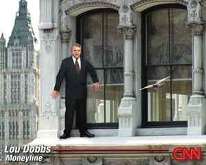 Lou Dobbs stands on a high window ledge while broadcasting his CNN Moneyline show.