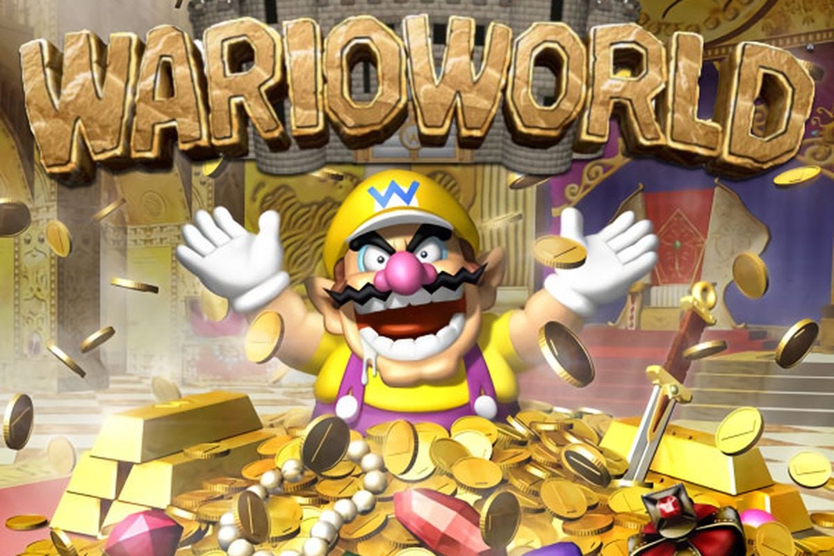 Art taken from the box of Wario World, featuring the game's logo and Wario, arms raised and yelling, from within a mound of treasure.