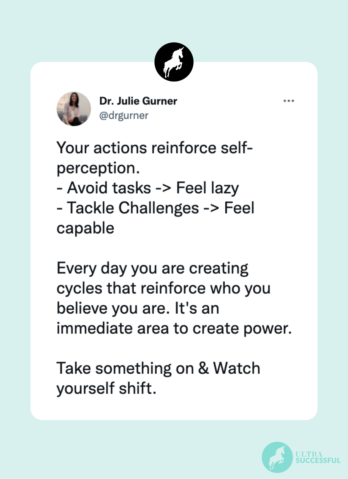 @drgurner: Your actions reinforce self-perception.  - Avoid tasks -> Feel lazy - Tackle Challenges -> Feel capable  Every day you are creating cycles that reinforce who you believe you are. It's an immediate area to create power.  Take something on & Watch yourself shift.