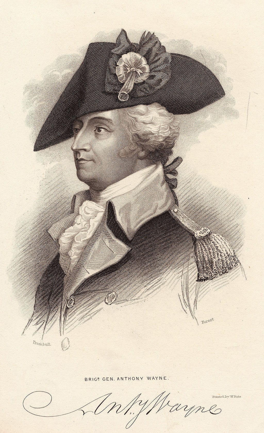 Sketch of Brigadier General Anthony Wayne.  His signature appears across the bottom.