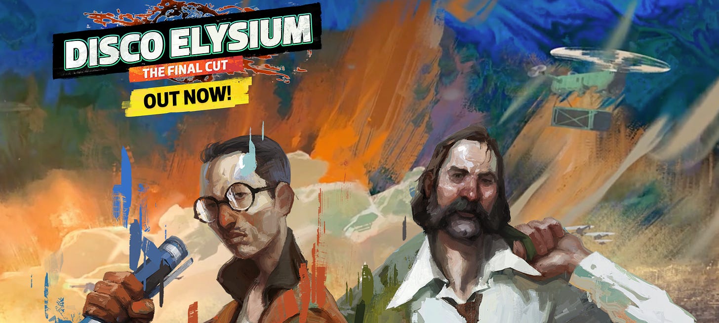 Screencapture from the Disco Elysium website with the game title and cool stylized art depicting the player character and the player character's partner, Kim. 