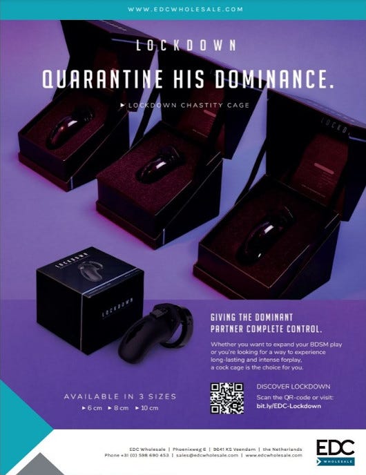 Full page ad from EDC Wholesale for the Lockdown line of three chastity cages. The three models are featured in their red velvet lined boxes on a purple background.