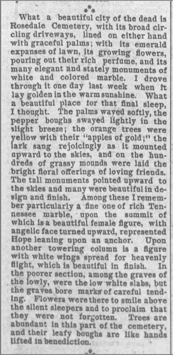 A columnist’s description of Rosedale Cemetery during its heyday in the Los Angeles Times, February 21, 1892