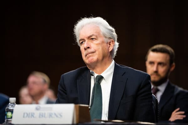 William J. Burns, the C.I.A. director, wearing a suit and green tie, testifying before Congress. 