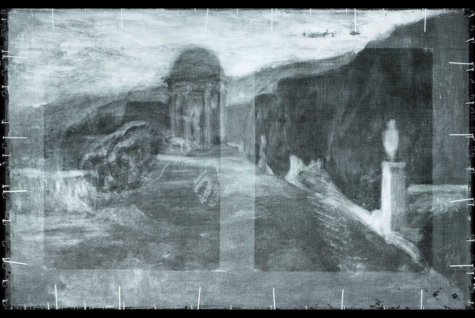 X-ray radiography of Pablo Picasso's La Miséreuse accroupie (The Crouching Woman), 1902, reveals a landscape hidden beneath the visible surface. Photo courtesy of the Art Gallery of Ontario.