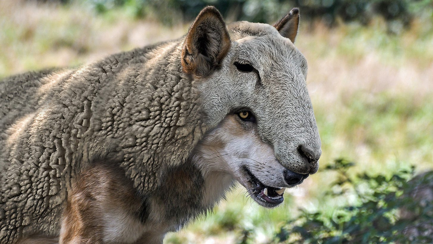 You see the front half of a brownish, greyish, whitish animal in clear view against a natural, grassy background. It's of a wolf, but the top half of the wolf is wearing the head and carcass of a sheep. Hence, a wolf in sheep's clothing which is what the post is about too 
