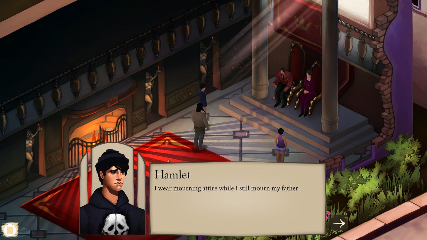 Screenshot of Elsinore. Hamlet is saying "I wear mourning attire while I still mourn my father." His portrait is wearing an anachronistic modern outfit - a hoodie with a skull on, and a beanie hat.