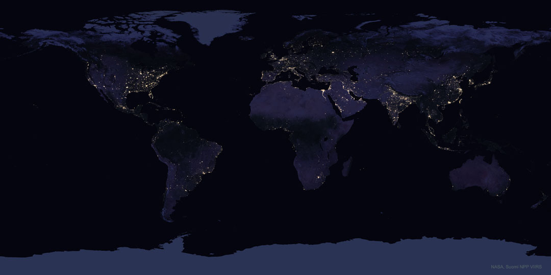 The featured image shows what the Earth looks like at night
in 2016 by featuring human-made lights. The image is a composite
created from images and data taken by the Suomi NPP satellite.
Please see the explanation for more detailed information.