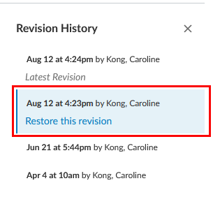 Screenshot of the revision history and the option to restore to this version.