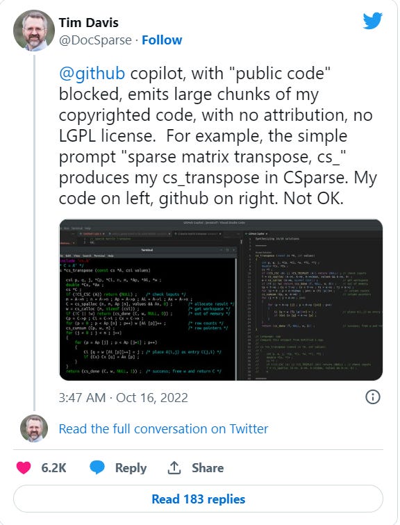A Twitter user claiming that Copilot regurgitates his copyrighted code