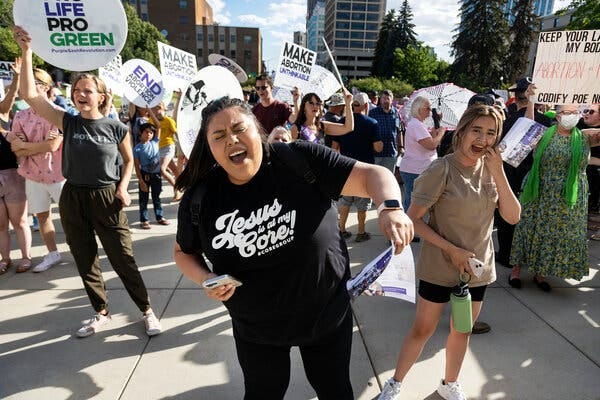 Anti-abortion activists in Boise, Idaho, after the overturning of Roe v. Wade in June. 