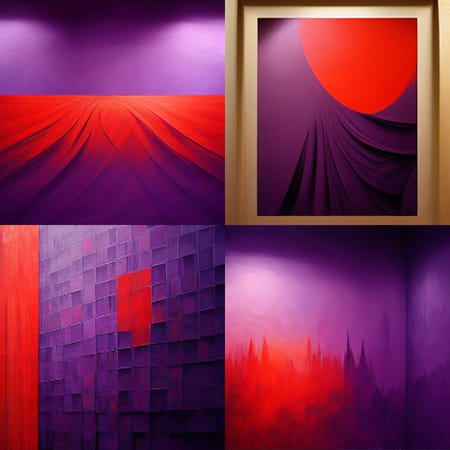 A four by four grid of images generated by the AI Midjourney with the prompt: “/imagine purple background red foreground“