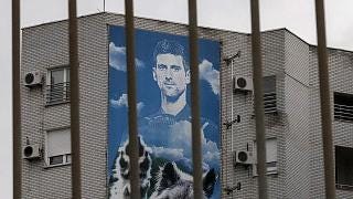 A billboard depicting Serbian tennis player Novak Djokovic on a building in Belgrade, Serbia