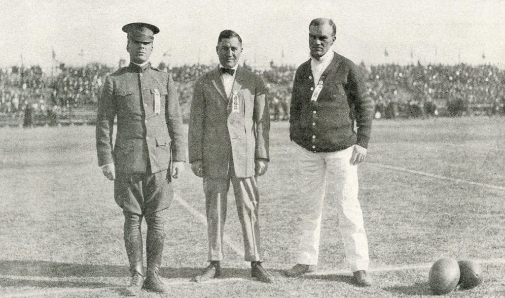 Walter Eckersall (center) refereed the 1919 Rose Bowl and was assisted by Lt. Murray and Sam Dolan.