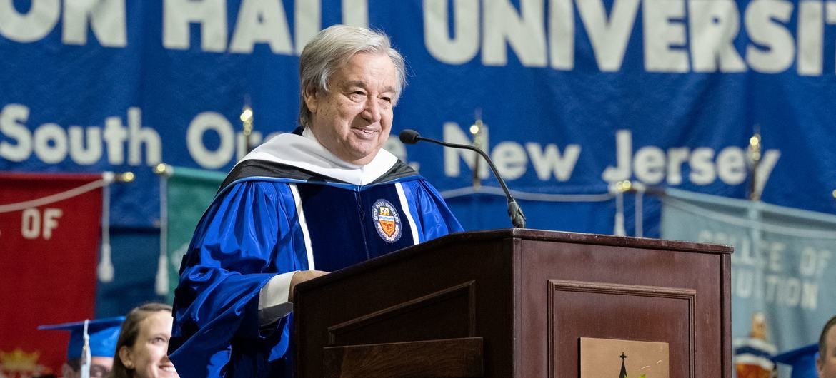 UN Secretary-General António Guterres receives an honorary degree from Seton Hall University in New Jersey in the United States. UN Secretary-General António Guterres receives an honorary degree from Seton Hall University in New Jersey in the United States.