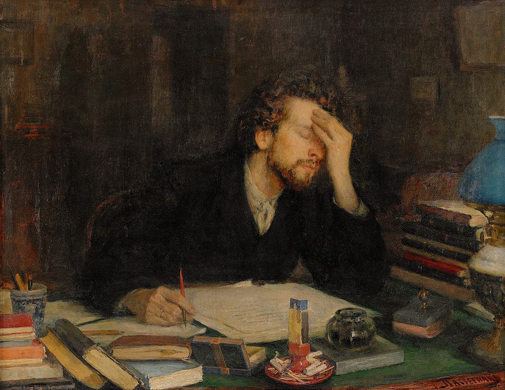 Painting of a young man taking a break from writing to press his hand to his forehead