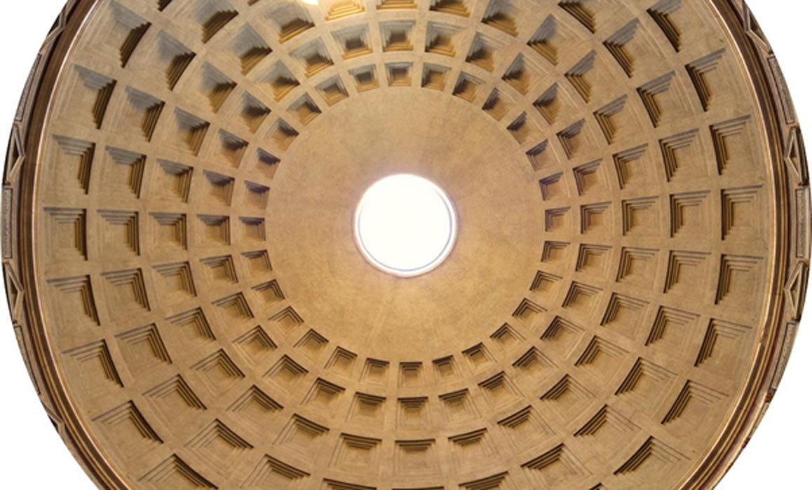 The Pantheon dome. The concrete for the coffered dome was poured in moulds, probably mounted on temporary scaffolding.