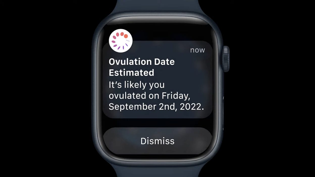 An Apple Watch Series 8 receives a push notification that reads "Ovulation Date Estimated. It's likely you ovulated on Friday, September 2nd, 2022."